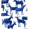 Wandering Donkeys linocut print (dark blue)