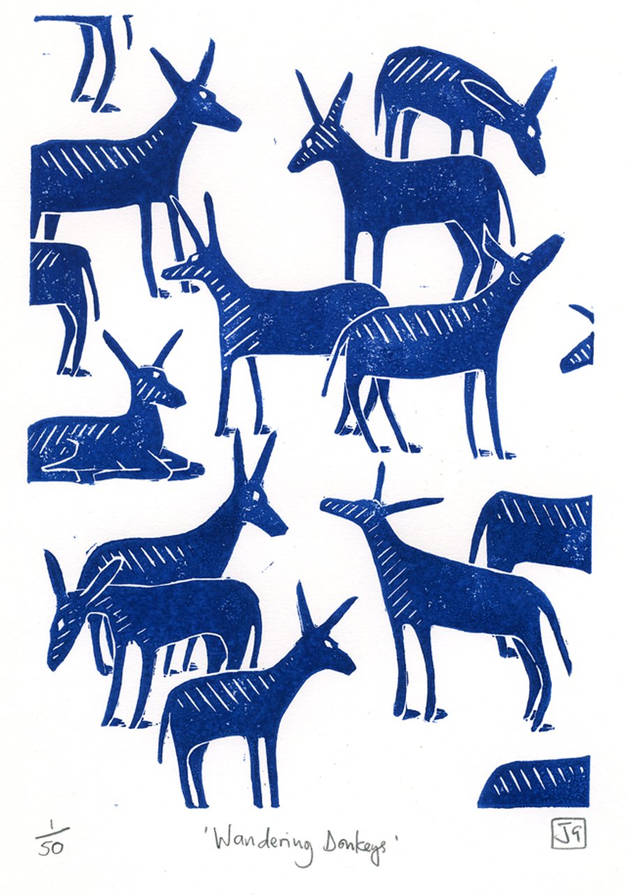 Wandering Donkeys linocut print (dark blue)