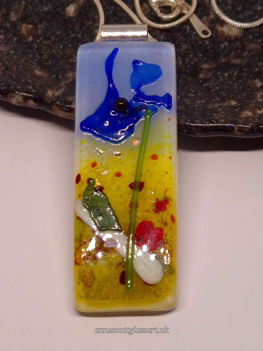 Handmade Fused Glass Pendant Necklace Poppy-field Blue Flower