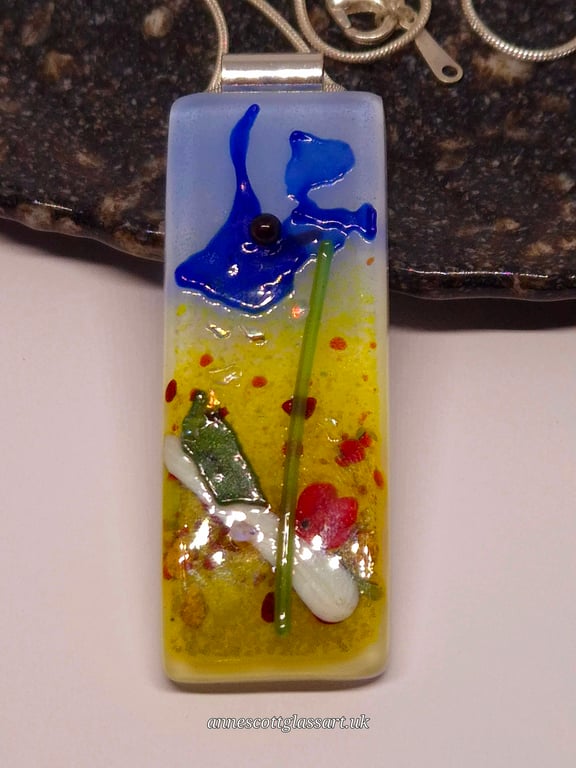 Handmade Fused Glass Pendant Necklace Poppy-field Blue Flower