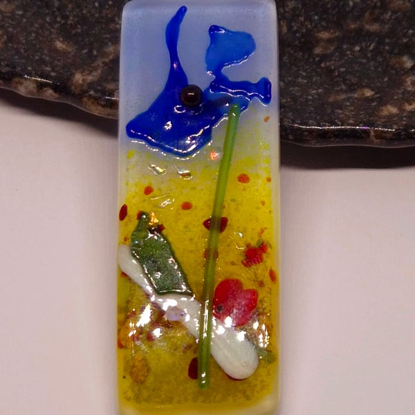 Handmade Fused Glass Pendant Necklace Poppy-field Blue Flower