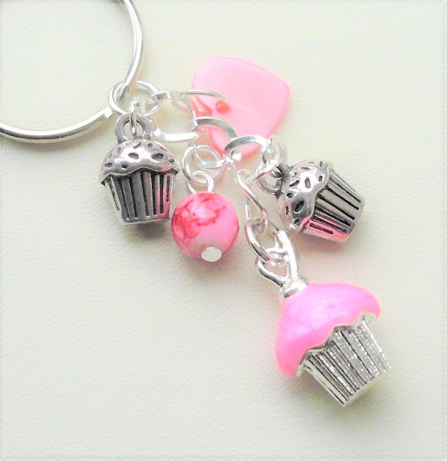Bright Pink Shell Glass Beaded Silver Cupcake Keyring Bag Charm  KCJ2079