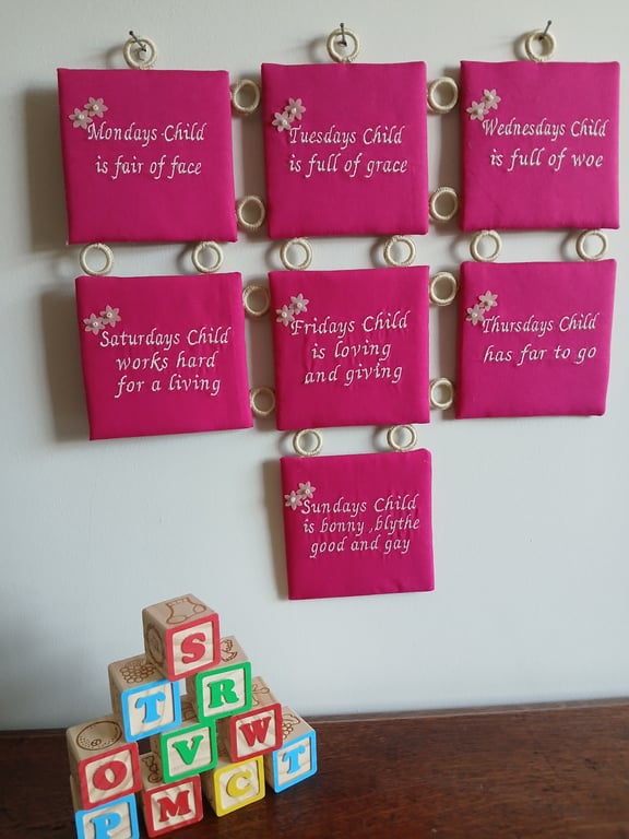 Gift Nursery Rhyme Wall Hanging for a Childs Bedroom, Birth Days of the Week