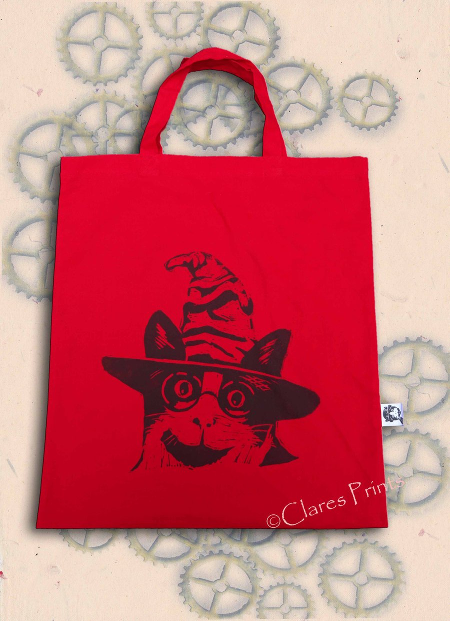 Harry Potter Cat Tote Bag Animal Linocut Hand Printed Red Shopping