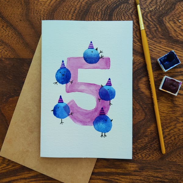 Personalised Fifth Birthday Card, Handmade Kids Birthday Card, Colour Choice