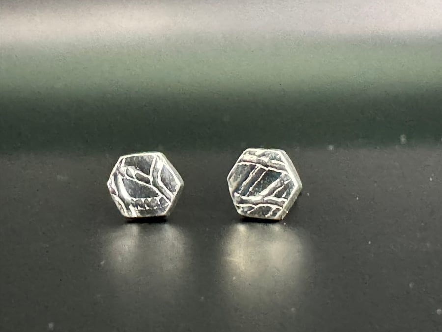 Handmade Fine Silver Hexagon Stud Earrings