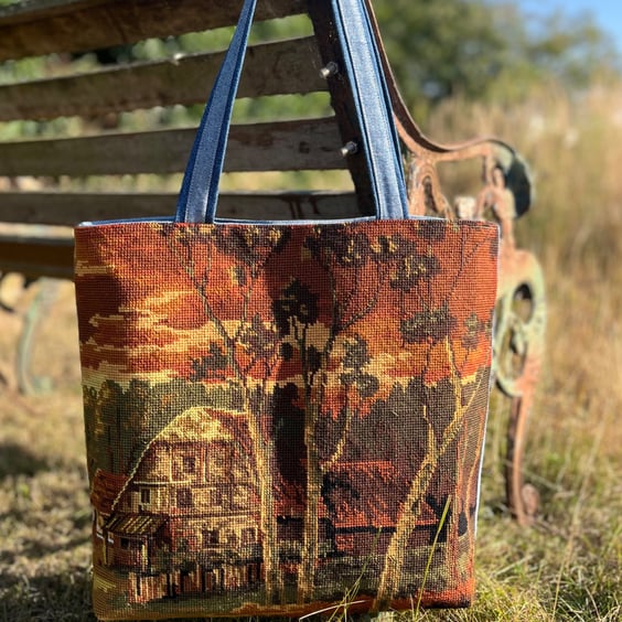 Woodland barn tapestry and reclaimed denim tote bag with cotton lining