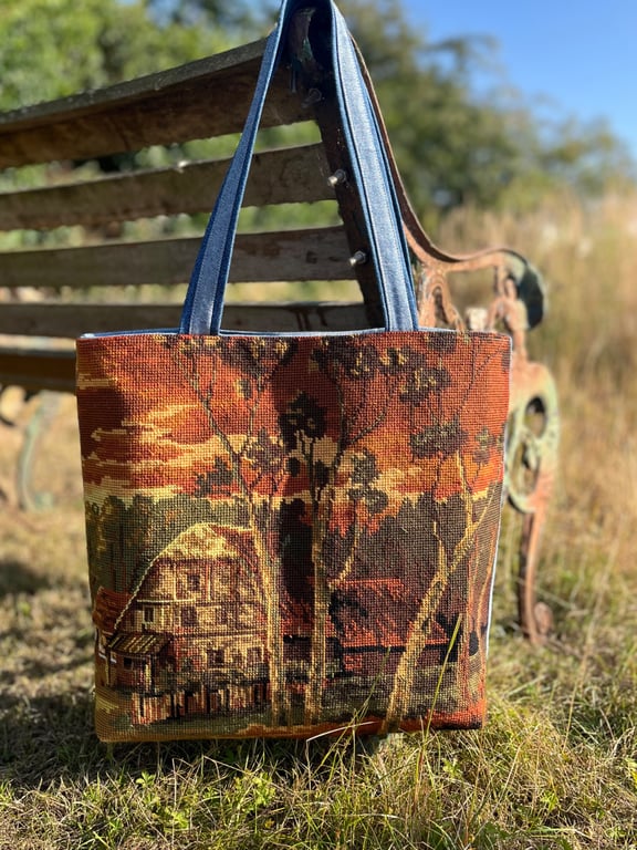 Woodland barn tapestry and reclaimed denim tote bag with cotton lining