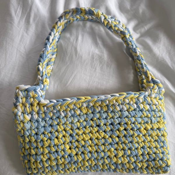 Lemon and blue crochet shoulder bag