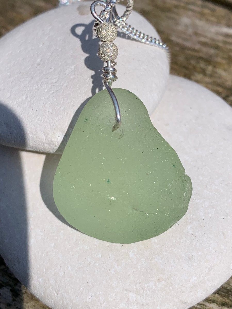 Pale green seaglass and Sterling silver pendant