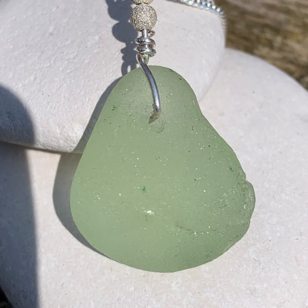Pale green seaglass and Sterling silver pendant