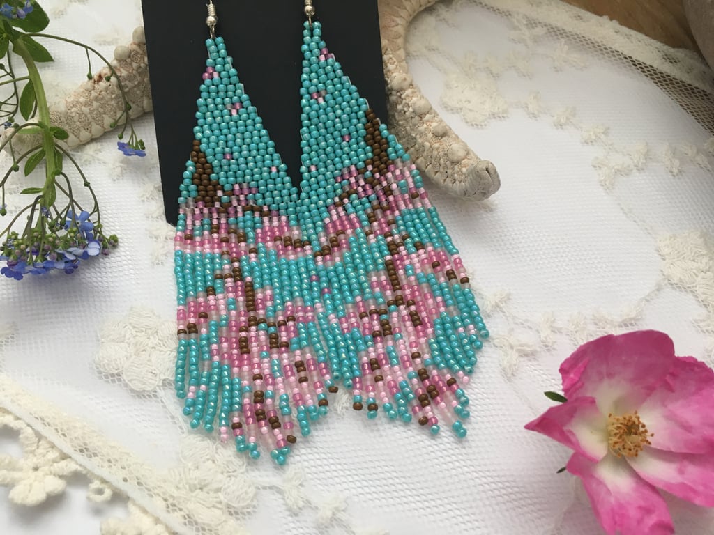 Hand beaded fringe Cherry Blossom earrings, delicate earrings, gift for her