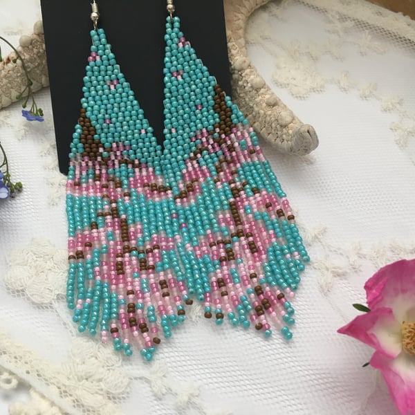 Hand beaded fringe Cherry Blossom earrings, delicate earrings, gift for her