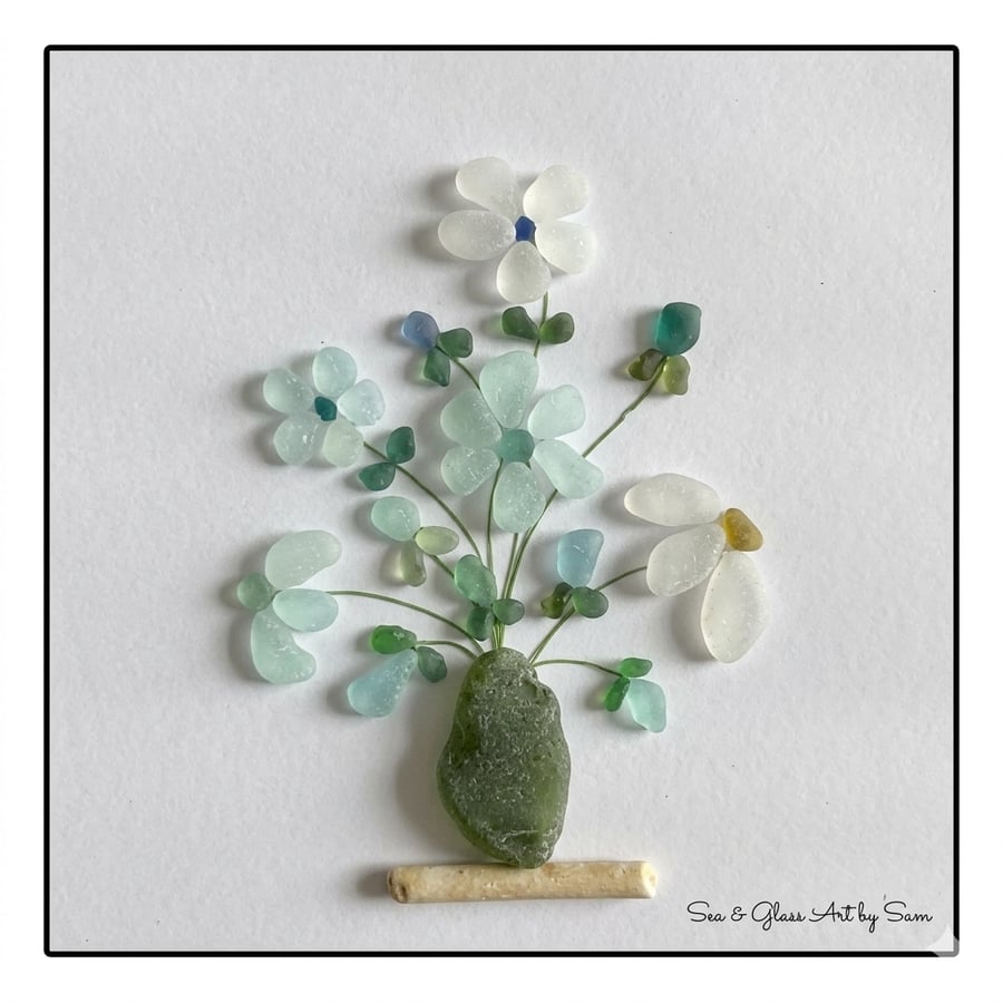 FREE postage Handmade Sea Glass Flowers  Picture - Framed 8x8 Coastal Art by Sam