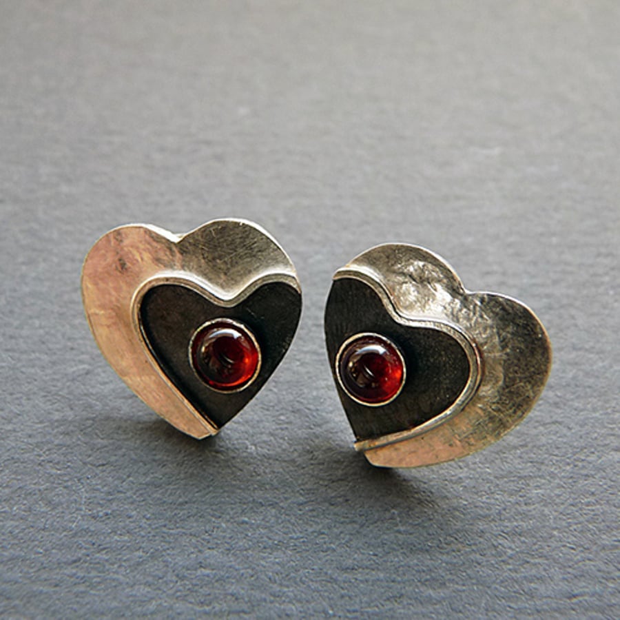 Sterling Silver Heart Studs with Garnet,  H2