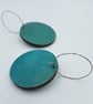 Turquoise large hand printed dangly disc wooden hoop earrings - Image 2