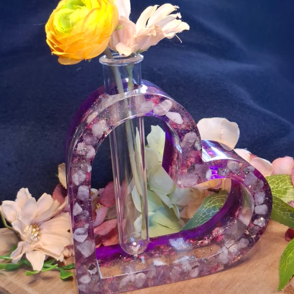 Amethyst filled handmade heart with a test tube vase