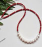 Red Bamboo Coral & Baroque Freshwater Culture Pearl Sterling Silver Necklace  - Image 8