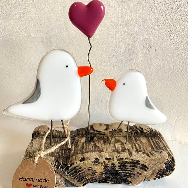Unique fused glass bird seagulls ornament figure on wooden driftwood stand 