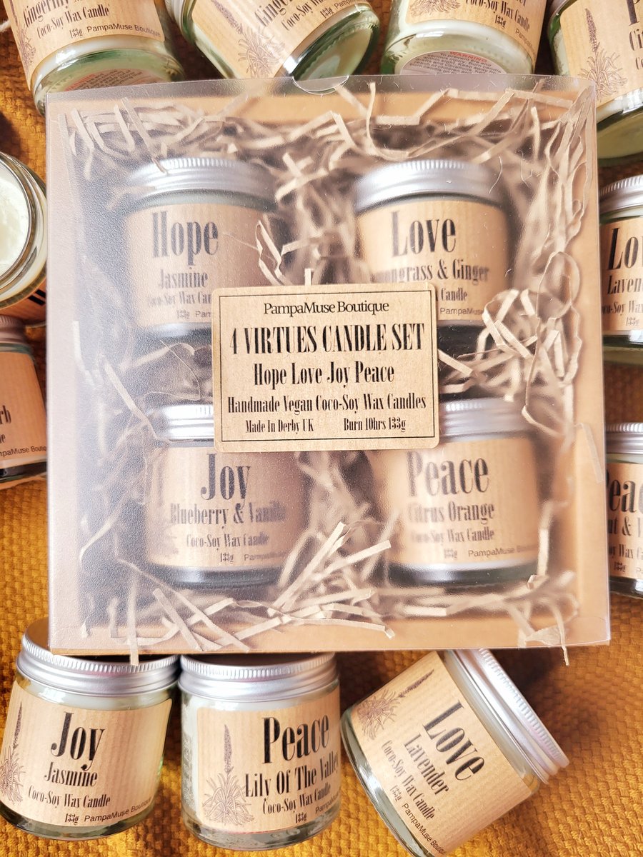 4 Rustic Virtues Soy Wax Candle Gift Set Hope Love Joy Peace Wedding Gift Ideas 