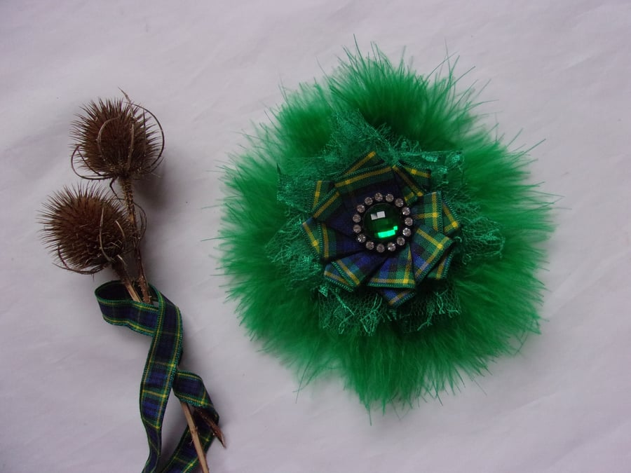 Emerald Green Gordon Tartan Feather & Lace Brooch Crystal Corsage Bridal Pin 