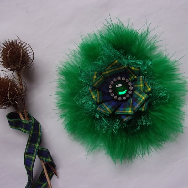 Emerald Green Gordon Tartan Feather & Lace Brooch Crystal Corsage Bridal Pin 