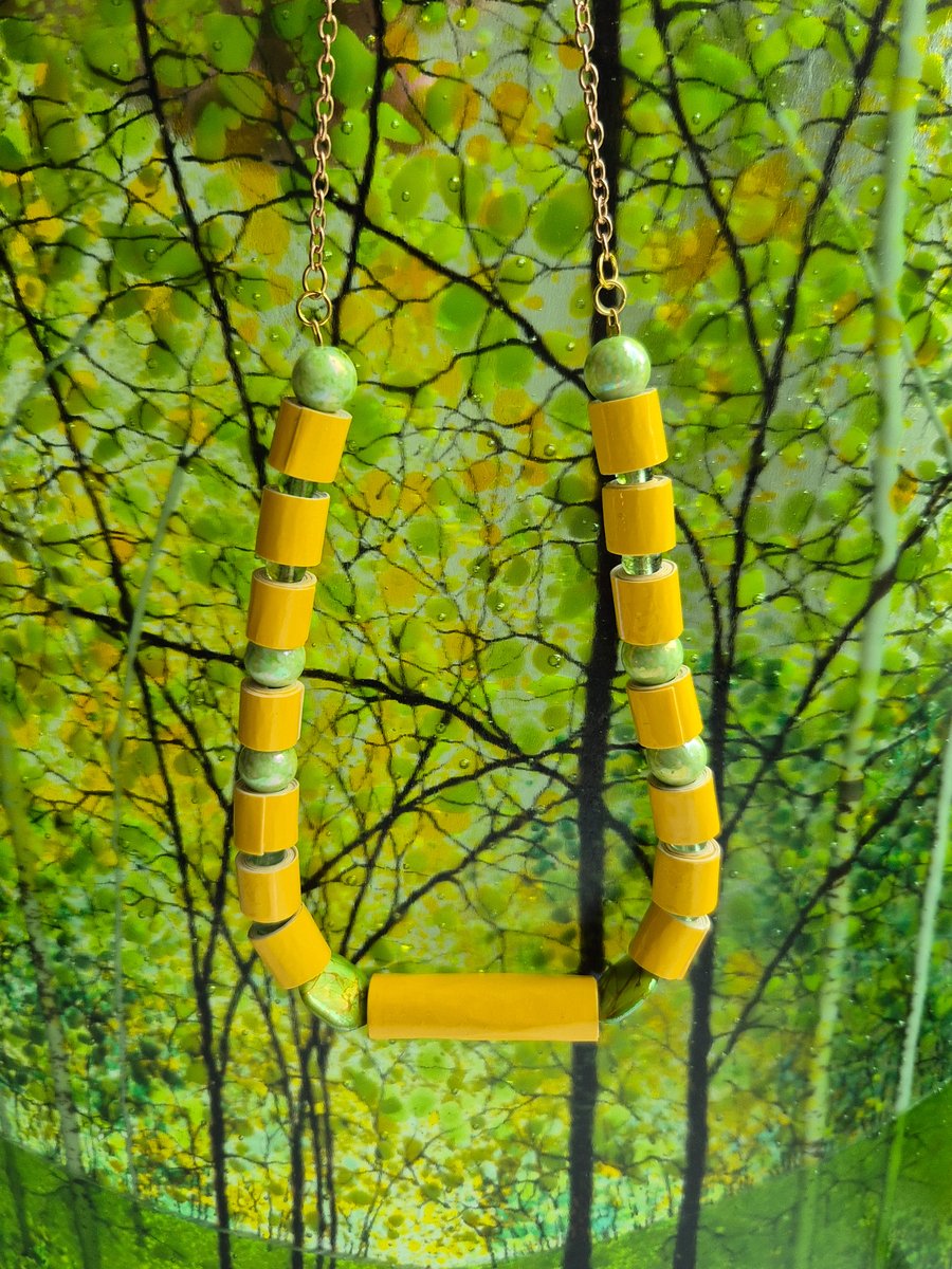 Yellow paper beaded necklace  with preloved pretty green beads