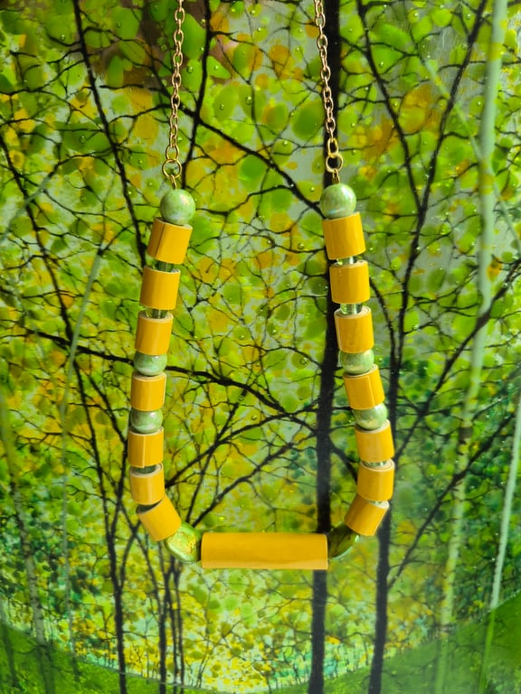 Yellow paper beaded necklace  with preloved pretty green beads
