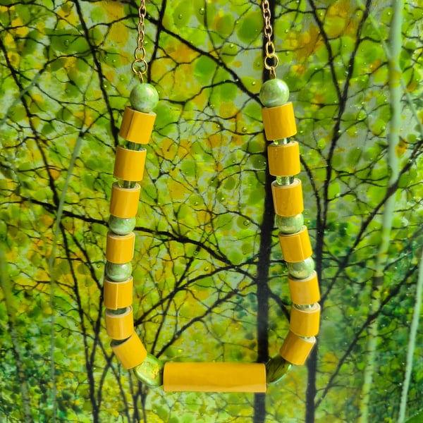 Yellow paper beaded necklace  with preloved pretty green beads