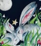 Mounted Print from my Original Resting Hares Rabbits in Moonlight Painting - Image 2