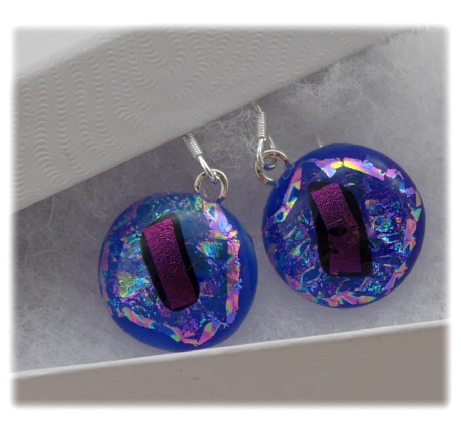 Handmade Fused Dichroic Glass Earrings 195 Blue Purple Sparkle