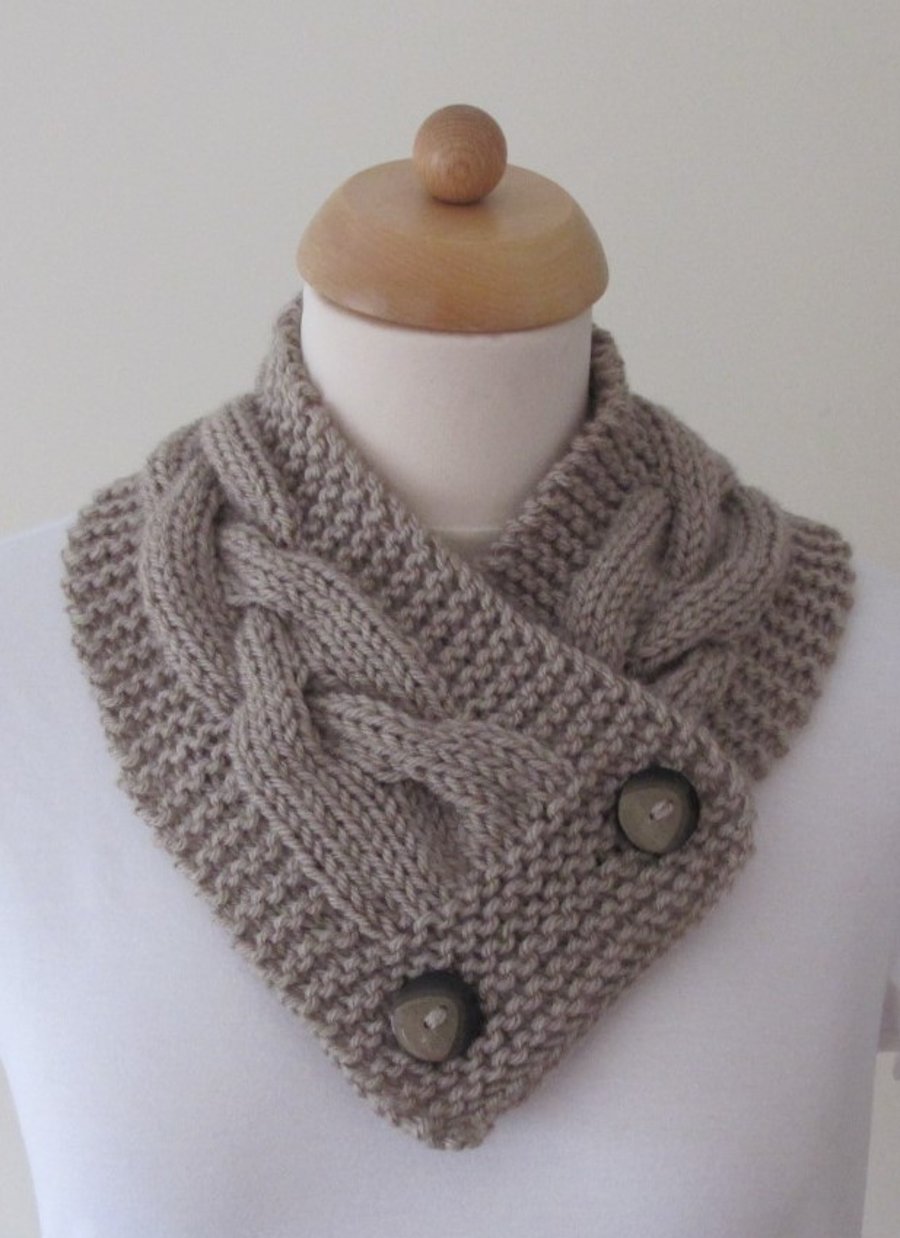 Cosy Hand Knitted   Buttoned Scarf , Neck warmer shade - stone  