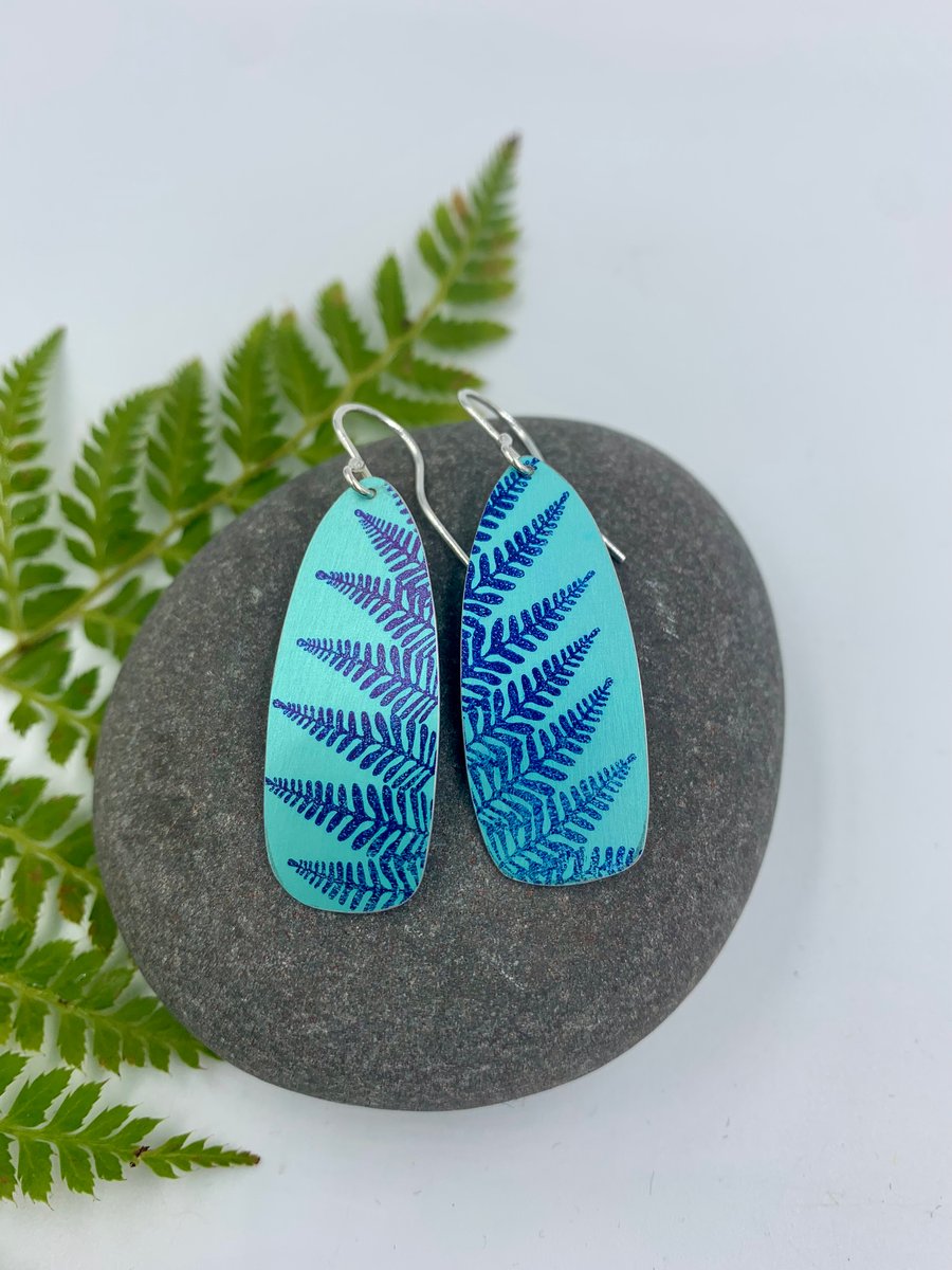 Teal fern print aluminium earrings