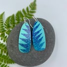 Teal fern print aluminium earrings