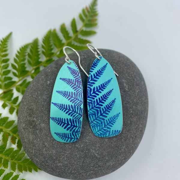 Teal fern print aluminium earrings