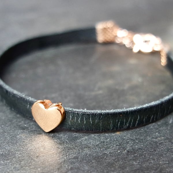 Leather bracelet - Heart black rose gold