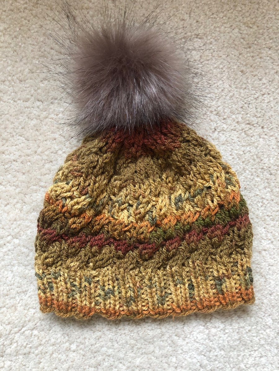 Cabled, Hand Knitted Hat 2 with removable pom pom (Aran) - Medium