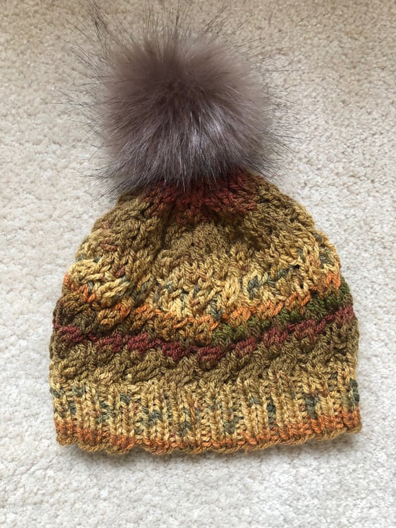 Cabled, Hand Knitted Hat 2 with removable pom pom (Aran) - Medium