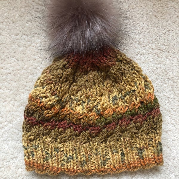 Cabled, Hand Knitted Hat 2 with removable pom pom (Aran) - Medium