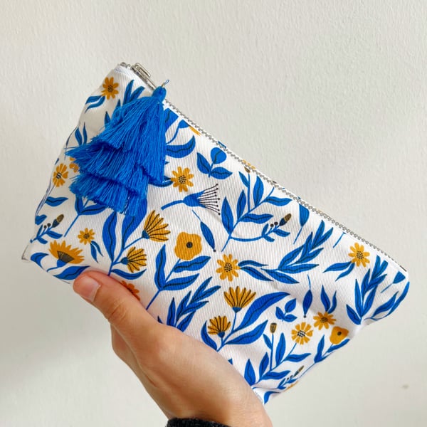Blue and Yellow wildflowers Make Up Bag