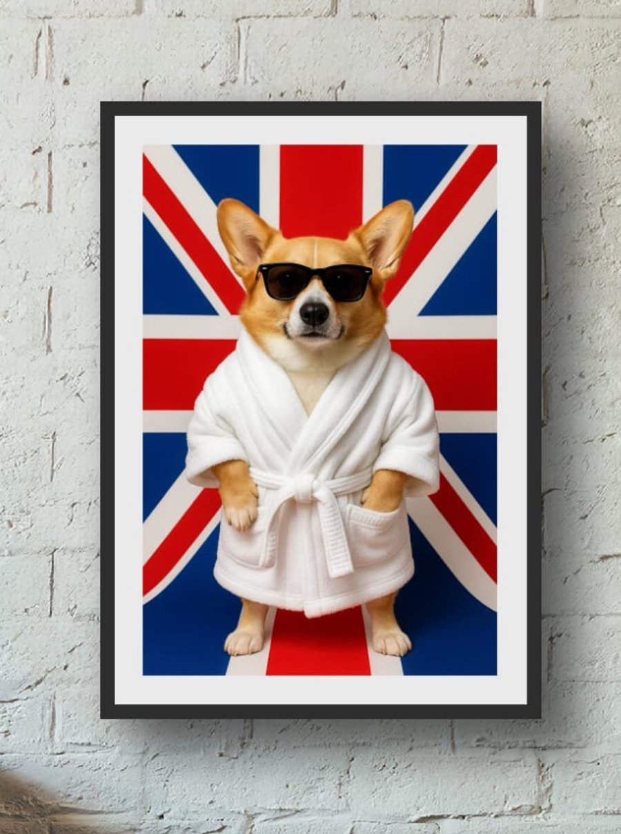 Corgi Cool Britannia Art Print – A4 (240gsm) or A3 (300gsm) – Fun British Wall A