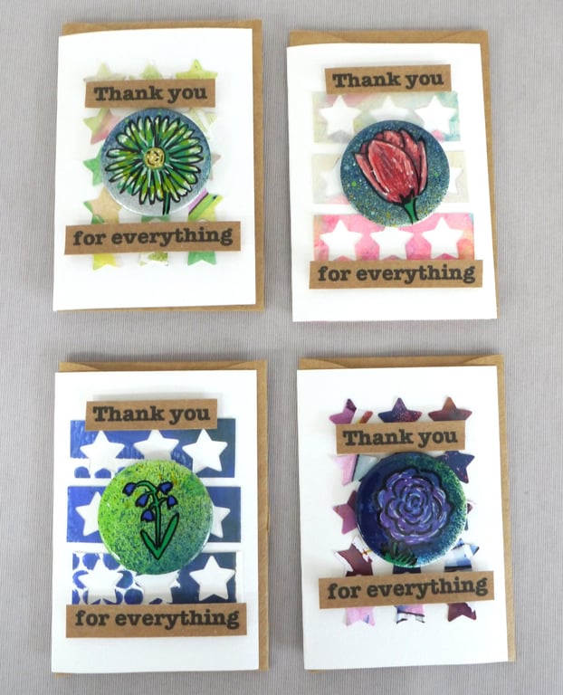 4 x Badges, Flower Badges, Badge Cards, Thank You Cards, Keepsake Cards
