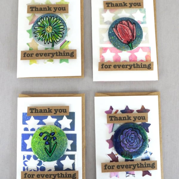 4 x Badges, Flower Badges, Badge Cards, Thank You Cards, Keepsake Cards