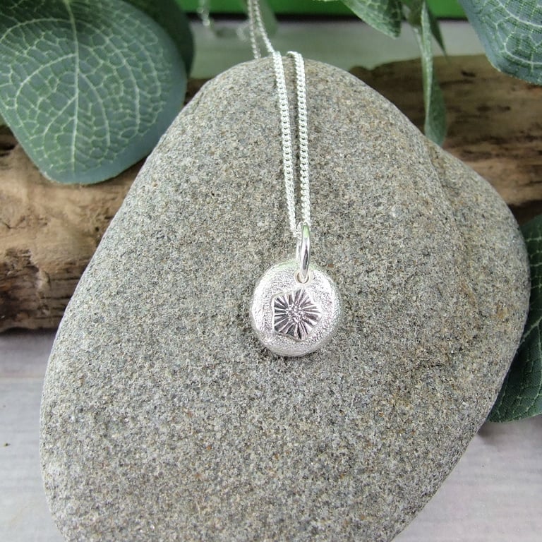 Silver Pebble Necklace with Flower, Recycled Silver Pendant