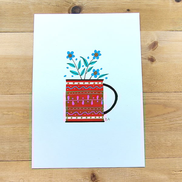 A5 folk art painting of mug and flowers for whimsical cottage core décor