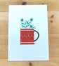 A5 folk art painting of mug and flowers for whimsical cottage core décor