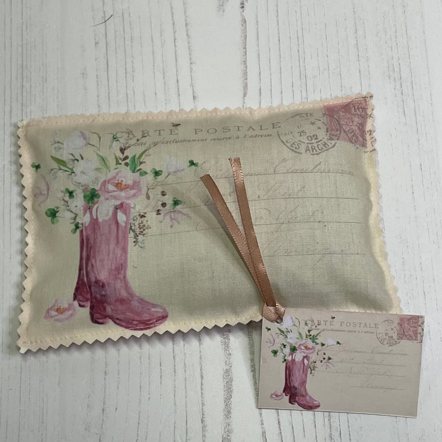 Vintage Postcard Lavender Sachet wellington boots and Flowers PB2