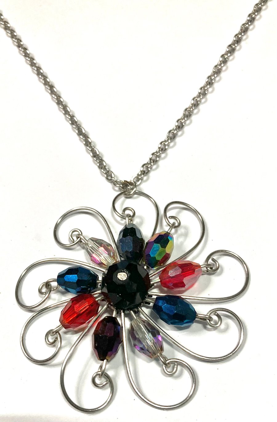 Beaded flower pendant necklace with stainless steel chain, choose length. 