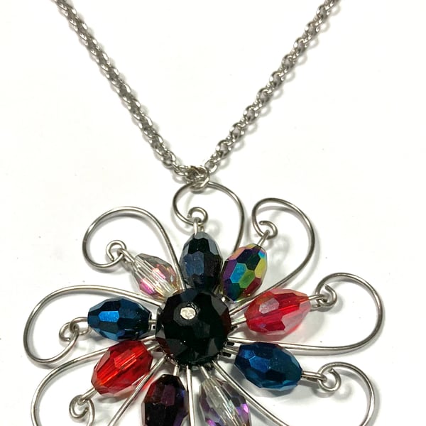 Beaded flower pendant necklace with stainless steel chain, choose length. 