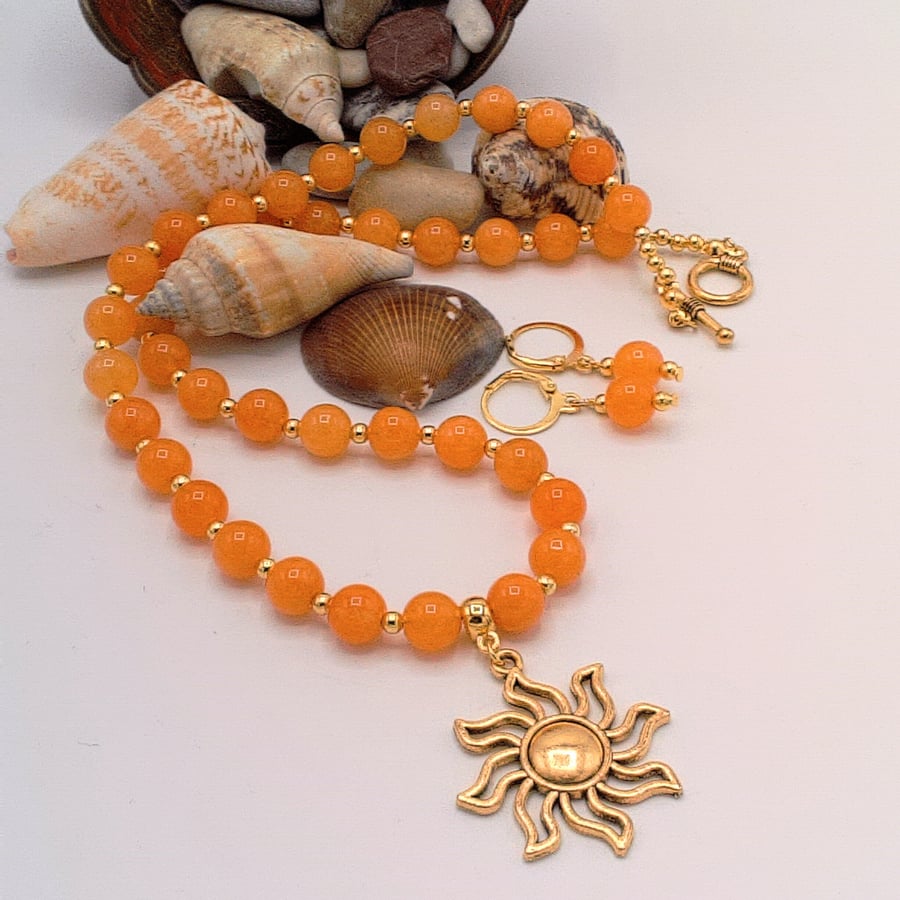 Orange Carnelian, Gold Spacers and Sun Charm Necklace & Earrings, Gift for Her